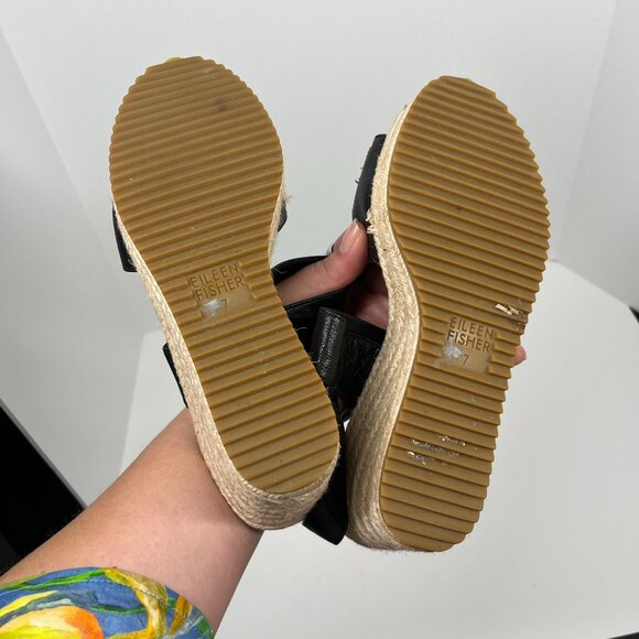 Eileen Fisher Black Leather Espadrille Strappy Sandals Sz. 7 - Picture 6 of 7